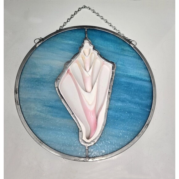 Vintage Stained Glass With Conch Shell Cutout 3D Hanging Hand Crafted Art 11.5" - Picture 5 of 15